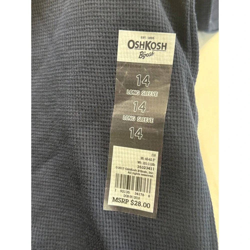 OshKosh B'gosh Boys Navy Blue Waffle Knit Thermal Henley‎ Hoodie Size 14 NWT